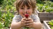 © Vasiliy - Smiling young boy holding a fresh red radish in a garden. Child showing his harvest from a raised bed. Healthy snacks and home gardening concept