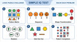 © กฤษฎา ทองชู - Simple IQ test infographic with multiple logic puzzles including pattern matrix, sequence, shape transformation, rotation, odd one out, and pattern completion. Vector illustration.