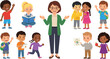 © Lota - Diverse Elementary School Classroom Vector Illustration Set with Female Teacher and Diverse Group of Kids Reading, Writing, Running, and Studying