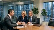 © Eve - Business people meeting in conference room for financial partnership negotiations, mature corporate executives discussing strategy at office table, professional teamwork concept
