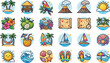 © Kulsum Creative - Tropical summer vacation icon set featuring beach elements, island scenery, and travel symbols in flat vector style