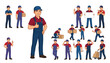 © Creative Studio  - Service technician character sheet holding a digital wireless tablet showing various logistics poses. Smiling courier, blue overalls, blank smart device, cardboard boxes, vector.