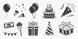 © Abu - Black silhouette for birthday parties: balloons, cake, gifts, hats, and more gift boxes