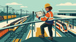 © 99Vector - Female railway engineer overseeing train operations with clipboard at station