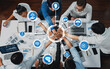© InfiniteFlow - Top view diverse office worker join hand together in office room symbolize business synergy and strong productive teamwork in workplace. Cooperation and unity between business employee. Prudent Amity