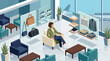 © ASMARA - Woman sitting in a modern airport lounge waiting area with retail displays.