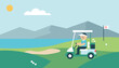 © Tumpa - Happy golfer drives a white electric golf cart on a green course with a lake, mountains, and a hole flag in the background.