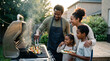 © Amal - Black family grilling food at backyard barbecue party.