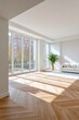 © InfiniteStudio - Bright apartment interior with wooden flooring and large windows showing natural light and greenery outside