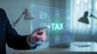 © Jo - Financial Advisory and Tax Automation Concept: Floating Cyan Holographic Dashboard with 2D Accounting Folders, Tax Returns, and Pie Chart Analytics
