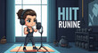© der - Chibi female fitness instructor wearing headphones recording podcast or workout video in gym with dumbbells, kettlebell, and yoga mat, featuring HIIT routine text.