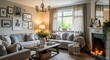© Chandara - A cozy living room with a fireplace, gray couches, and a wooden coffee table.