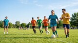 Diverse Young Adults Playing Recreational Soccer Match on Sunny Grass Field for Team Building and Fitness