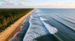 © Joy - Aerial view of long tropical coastline with waves breaking on shallow water and dense palm forest.