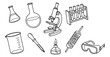 © Caleb - Science laboratory equipment vector set, essential chemistry lab tools, biology research instruments, educational science experiment supplies, black and white line art collection