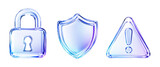 3D glossy liquid glass security icons set, abstract transparent fluid padlock, shield protection, and warning alert triangle symbols isolated on Transparent background