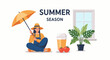 © Asaku - A cartoon woman sits cross-legged on the floor with an umbrella, surrounded by summer items