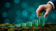 © Zucide - Businessman hand stacking green glass coins on mossy soil to build rising financial graph with plant sprout for sustainable climate finance innovation concept
