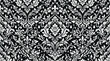© Ayong - Elegant Black and White Damask Seamless Pattern with Intricate Floral Ornaments and Fleur-de-lis, Ideal for Vintage Wallpaper, Luxury Textile Design, and Classic Victorian Backgrounds.