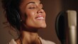 © timitinej - A female singer is in a recording booth wearing headphones. She is smiling and singing into the microphone. The warm studio lighting adds a cozy feel. The scene captures her joy while making music