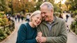 © Karinka - A joyful medium-wide shot of a happy senior couple laughing while walking in an autumn park, showing healthy aging and love