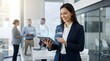 © PixelStudio - Artificial intelligence business woman using tablet with AI data interface, professional female executive analyzing digital charts in modern office