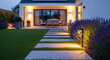 © PhotoArtHub - Modern patio with lavender and outdoor lighting, showcasing an inviting ambiance for relaxation and entertainment, representative of luxurious home design