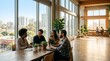 © DR Moura - Diverse group of professionals collaborating and smiling around a wooden table in a modern office with city views