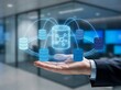 © P-Y-L  Art - Business professional holding virtual server database network in modern office with database business hologram technology