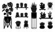 © MdIbrahimIslam - Potted houseplant silhouettes icon collection featuring tall monstera deliciosa, wooden wall shelves with mini cactus varieties, snake plants, and indoor garden greenery elements.