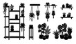 © MdIbrahimIslam - Potted houseplant silhouettes icon set featuring indoor wooden shelves, hanging macrame planters, monstera monstera deliciosa, tropical snake plants, and home garden greenery.