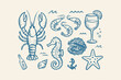 © Foysal - Hand drawn doodle set of sea animals lobster shrimp seahorse shell starfish and wine glass for summer nautical design Vector, illustration