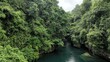 © AmazingAerialAgency - Aerial view of a river flowing through a lush, dense tropical forest with vibrant green canopy and rocky riverbanks in Pangandaran Regency, West Java, Indonesia.