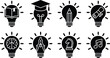 © MdRasel - Creative learning and intelligence light bulb concept black silhouette icon set featuring graduation cap open book brain and strategy chess knight