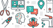 © Khairul - Vector colorful flat linear illustration featuring video conference tech ai brain intelligence plumbing water service chat support and ticket booking elements