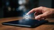© Alena - Man touching virtual AI icon on tablet screen. Digital assistant and innovative machine learning technology concept. Automation software interface for modern data management and analysis.