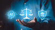 © Krittamet - Regulated artificial intelligence, service legal security, finacial compliance monitoring for international business standards. Hand under scales of justice between AI and secure banking icons.