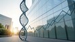 © Kittiya - A large DNA double helix sculpture stands outside a modern glass building, reflecting a rising stock market graph in the background during sunset.