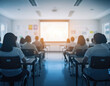 © Maria Polunina - Abstract blurred educational presentation with audience and speaker. Learning, communication and professional development concept suitable for conferences and training materials.