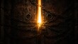 © JIALU - Heavy rusted iron door with chains and ominous light seeping through.
