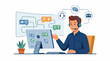 © ushi - A man in a headset interacts with a computer displaying various communication icons
