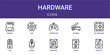 © Izzat - Set of 10 thin line Hardware icons for dashboards, websites and mobile app layouts. Editable outline vector pack featuring memory, controller, motherboard, mouse and diskette.