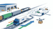 © Pio - An illustration depicting a logistics scene with a train trucks and a drone transporting packages