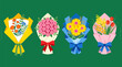 © Deris - Beautiful Bouquets of Narcissus, Roses, Sunflowers, Tulips. Spring fresh flowers wrapped in gift paper with ribbon. Hand drawn trendy Vector illustration. Isolated design elements