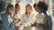© DP - Group of five women celebrating with champagne and pastries in a bright indoor setting, showcasing a joyful gathering with natural light and elegant attire