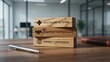 © PNG BOSS 22 - Wooden blocks with business strategy concepts on office desk with pen and book