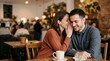 © Xenia - Woman whispering a secret to a smiling man in a cafe. Happy couple sharing a funny moment over coffee. Intimate communication and dating concept