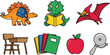 © Shahariar - Cute Cartoon Dinosaur Back to School Icon Set with Stegosaurus Triceratops Pterodactyl Notebooks Desk Apple and Bell for Children Education Designs