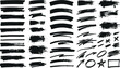 © MODA - Black highlighter brush stroke lines set for underline banners, dry paint marker stripes, rough grunge ink smears and bold hand drawn highlight elements. Vector illustration.