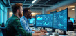 © miss irine - Two analysts work together in modern office analyzing financial data on computer screens. Diverse team discusses charts graphs, strategizing business growth. Teamwork collaboration.